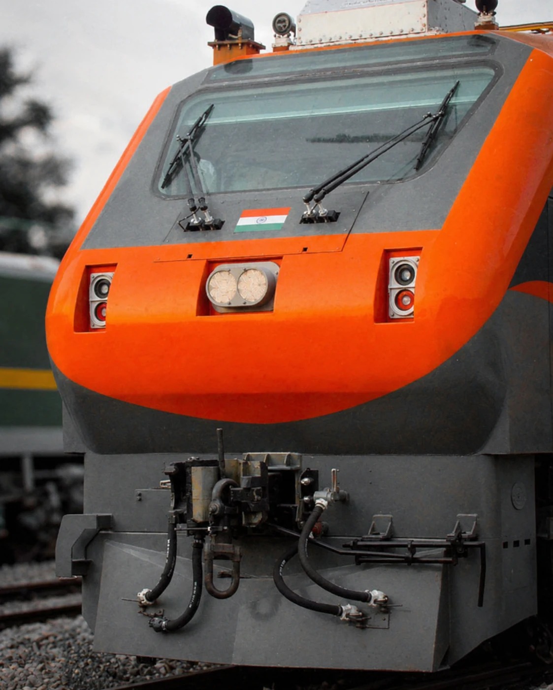 Close-up of an Indian Railways electric locomotive cab front